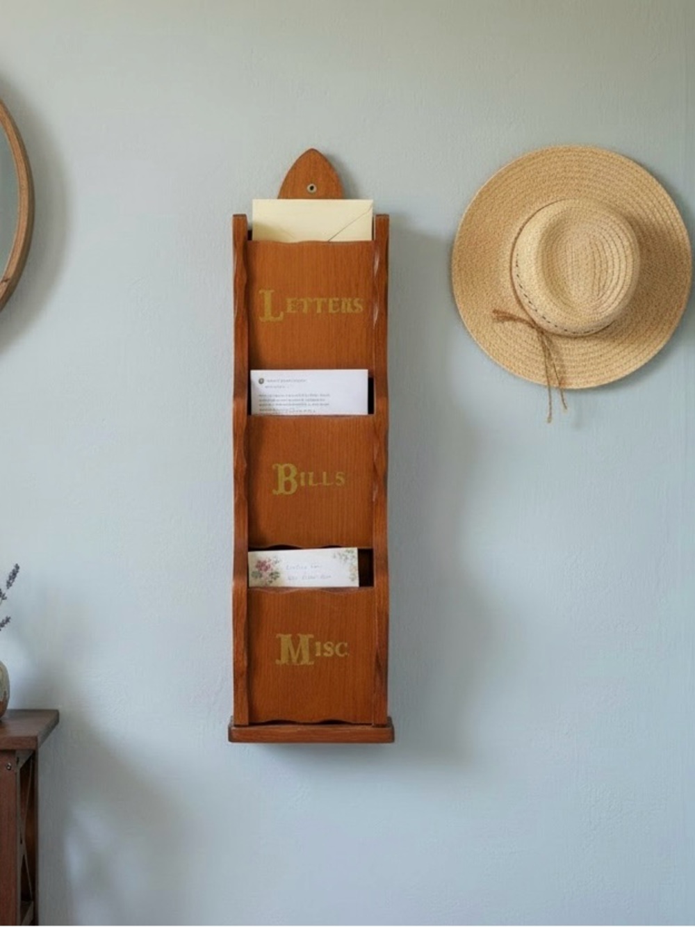 Vintage Wooden Wall Mail Organizer - 'Letters Bills Misc'  Entryway Decor